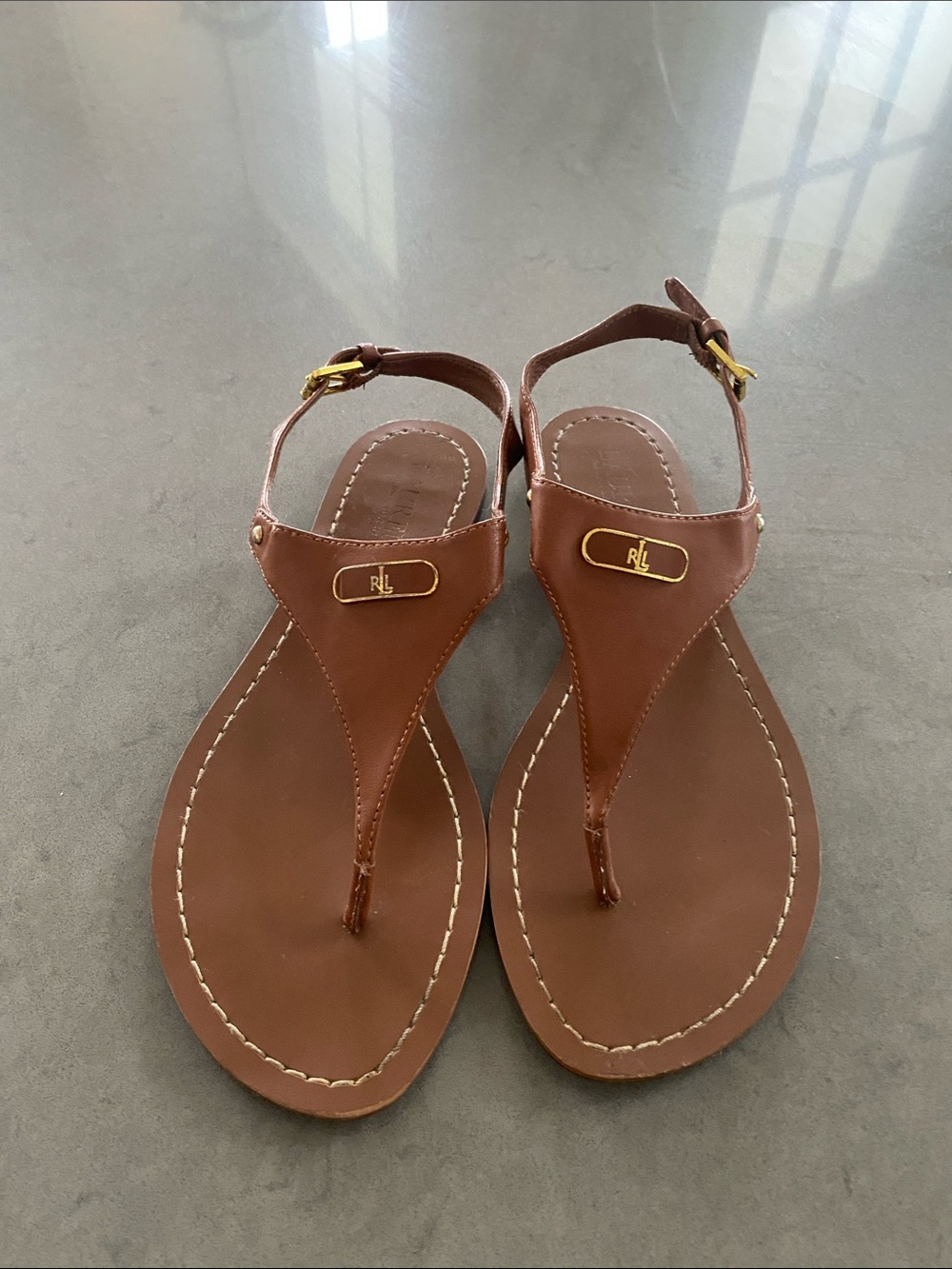 Ralph Lauren Brown Leather Ankle Strap Thong Sandals with Gold Buckle Size 8